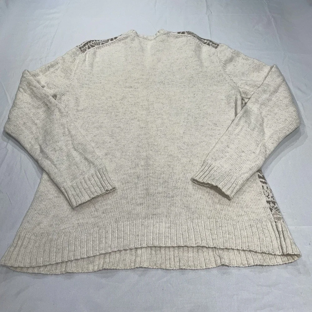 Perry Ellis Women‎ Fair Isle Crewneck Sweater Cotton Merino Wool Tan Cream Large